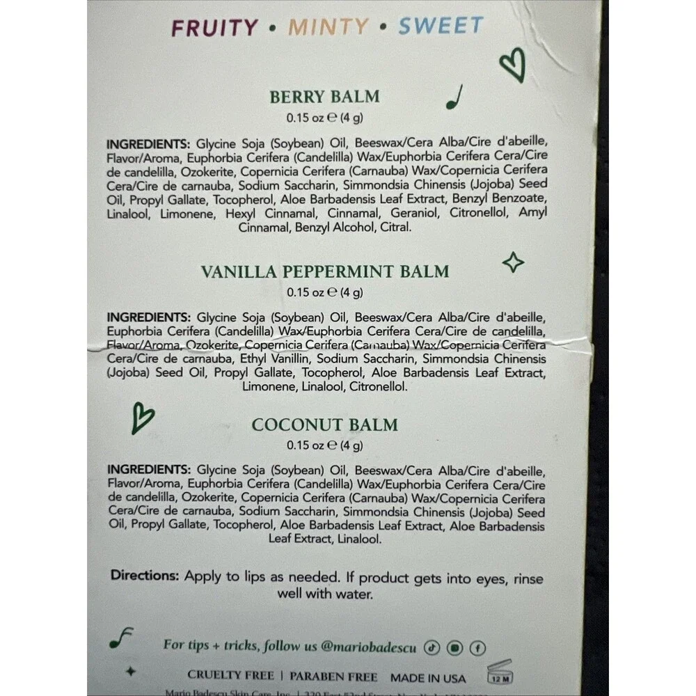 New Mario Badescu Lip Care 3 Lip Balms - Scents Vanilla Peppermint/Coconut/Berry